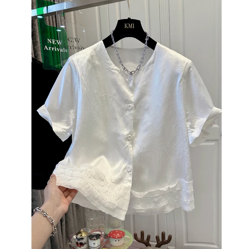 法式多层木耳边防醋酸短袖雪纺衫女上衣遮肉百搭宽松黑色夏薄款