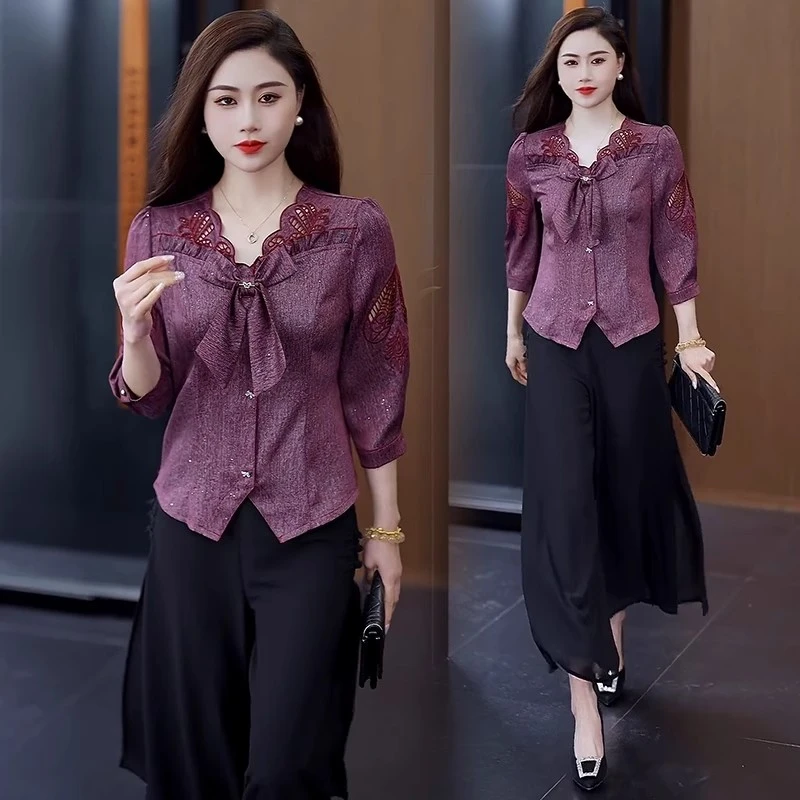 时尚减龄套装女2025春夏新款洋气质显瘦蕾丝小衫阔腿裤休闲两件套