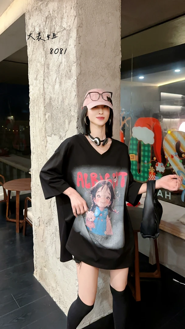 8081中长款新款宽松显瘦上衣纯棉夏季V领印花卡通短袖T恤