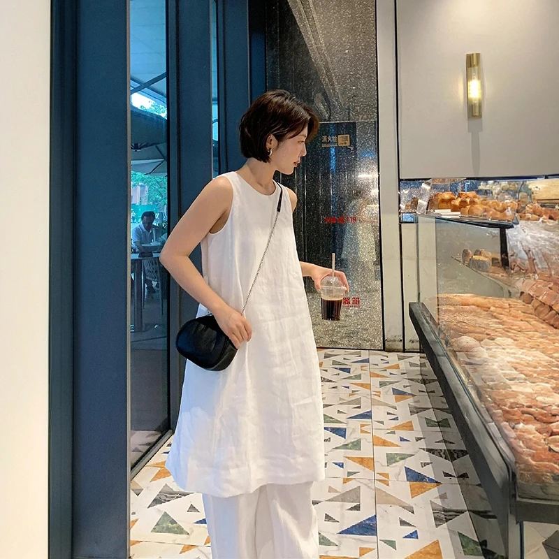 极简风亚麻套装女夏季时尚松弛感穿搭叠穿背心裙阔腿裤棉麻两件套