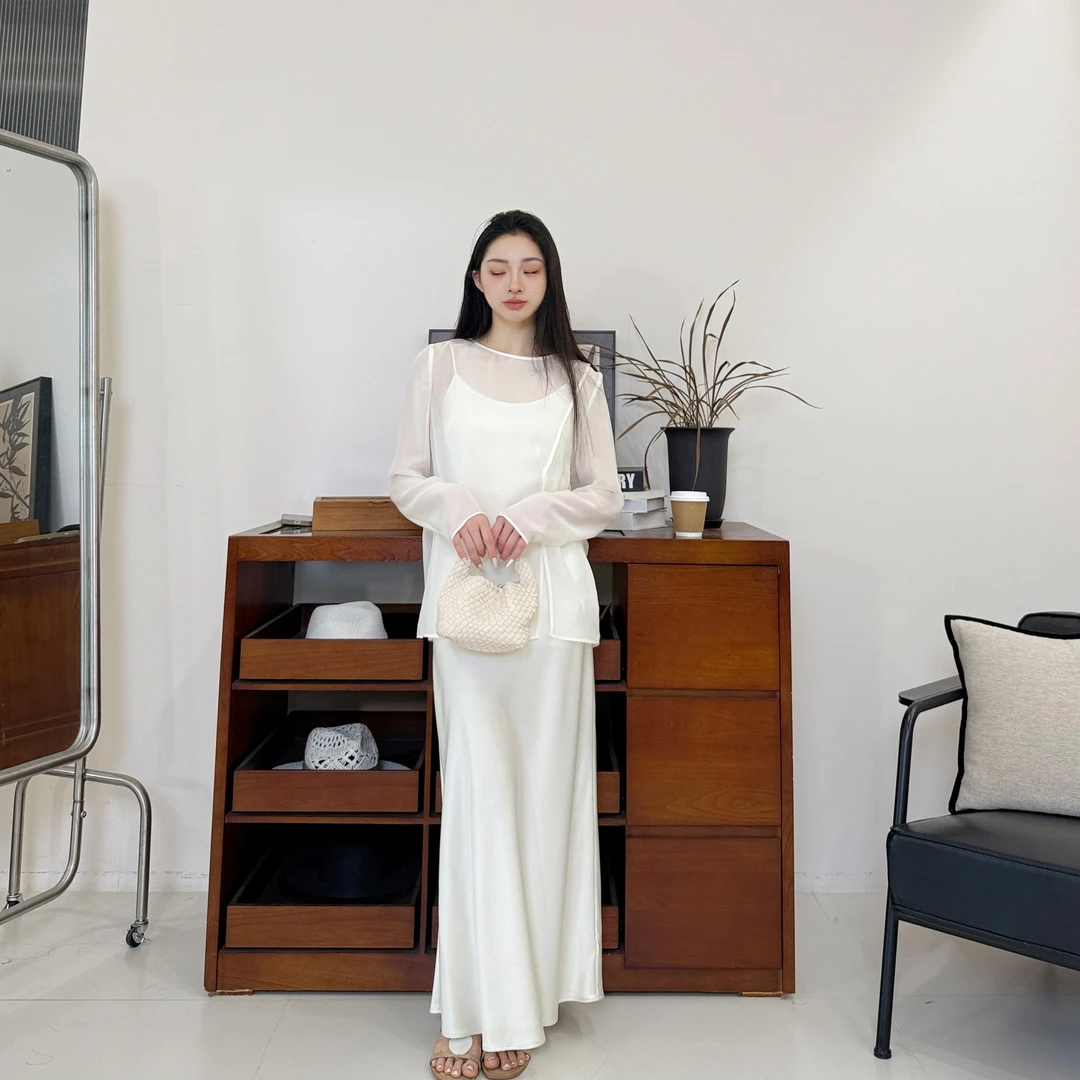 100桑蚕丝丨清透感真丝雪纺圆领开叉小衫T恤罩衫-MY5949