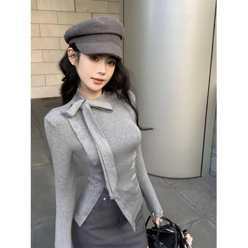 高腰气质灰黑短款甜美风半高领拼接纽扣修身长袖上衣春别致蝴蝶结