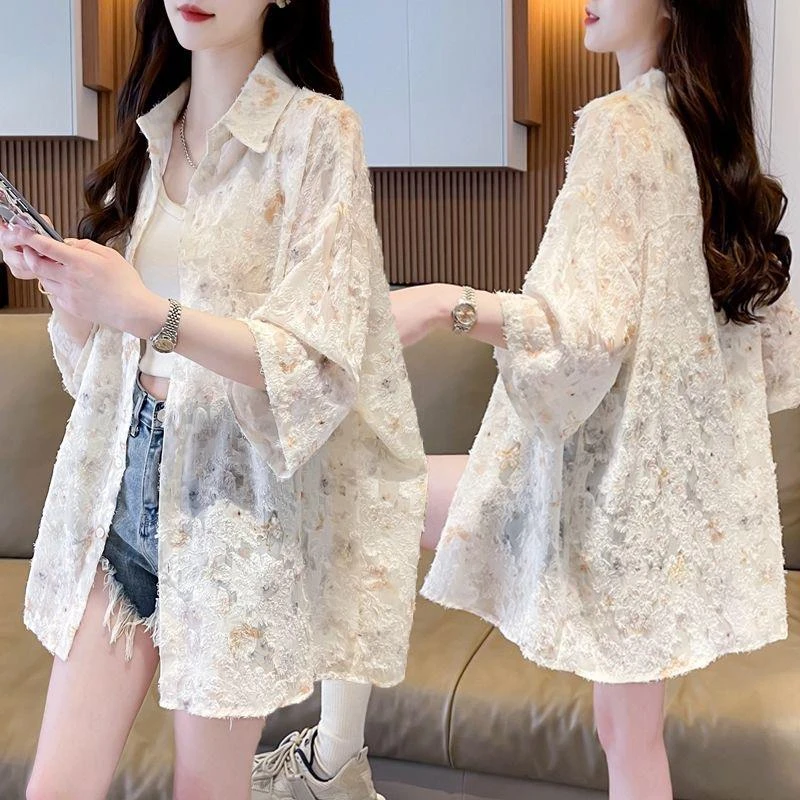 新透气薄款短袖衬衫女夏季2025新款韩版宽韩版宽松防晒蕾丝开衫