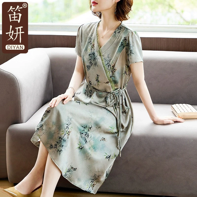 妈妈夏装短袖桑蚕丝连衣裙端庄大气中老年女新中式国风真丝长裙子