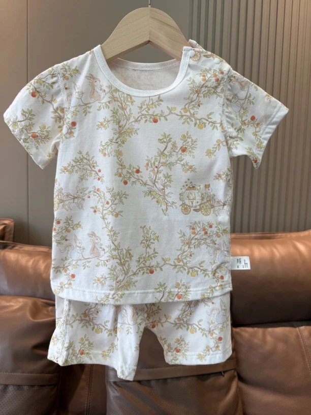 【新品-夏日巡梦-全棉-肩开短袖短裤纯棉宝宝分体套装】