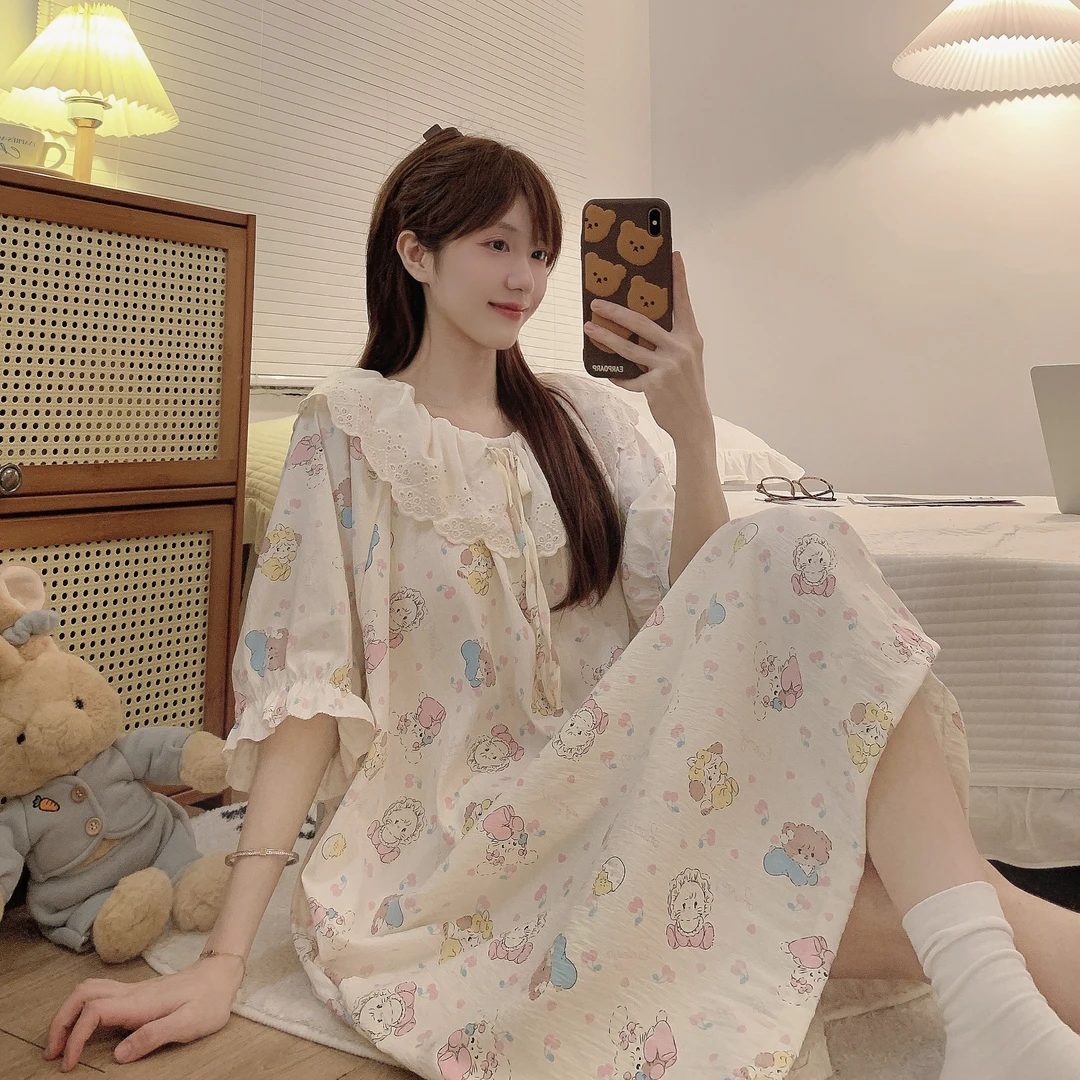 夏季带胸垫睡裙女短袖中长款连衣裙甜美韩版大码家居服睡衣可外穿