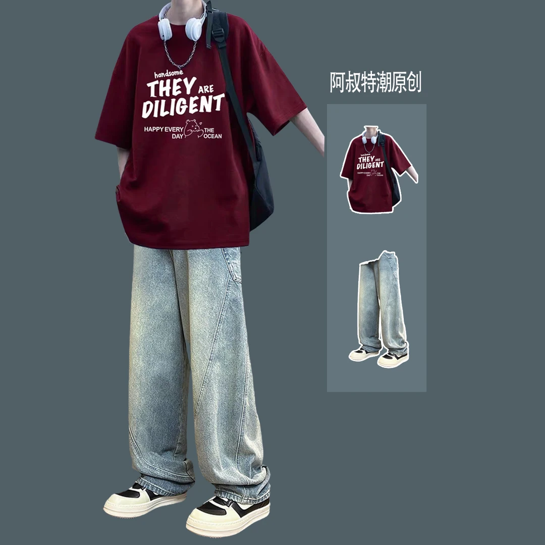 夏季青少年短袖t恤美式高街酷帅套装男酷帅牛仔裤学生潮牌两件套