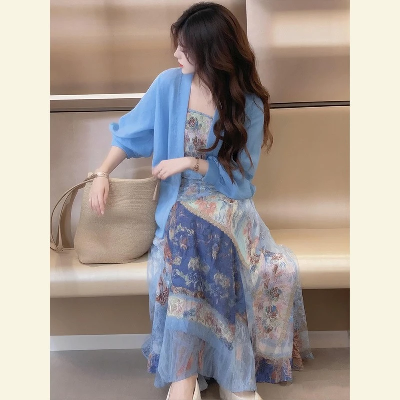 今年流行漂亮韩系氛围感穿搭减龄洋气轻奢高级感蓝色吊带套装裙春