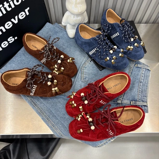 小雨家【游牧风】韩版低帮系带圆头串珠时尚百搭休闲软底德训鞋