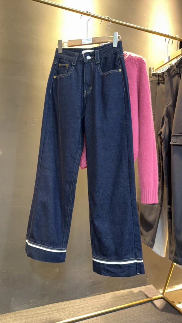 61183#蓝色牛仔裤 植绒直筒裤