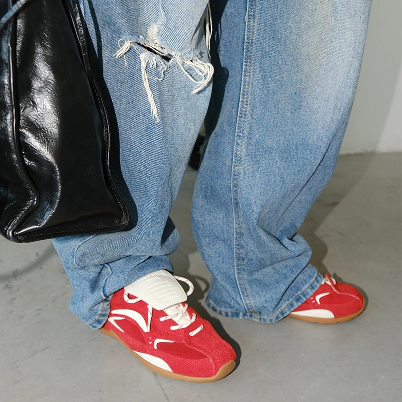 Mooreyu厚底德训鞋女2024新款红色内增高休闲真皮复古运动鞋