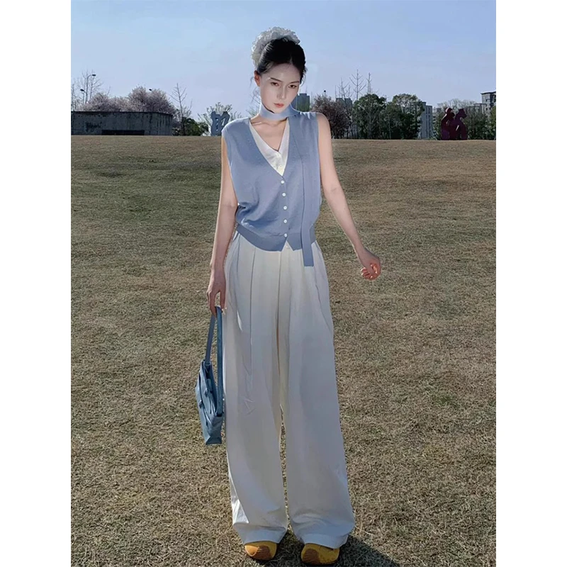 韩系蓝色假两件v领挂脖无袖t恤女夏季小个子冰丝针织坎肩背心上衣