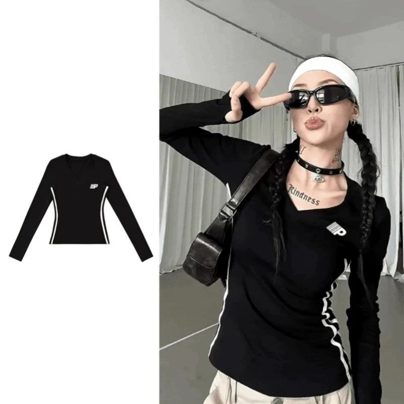 纯棉辣妹黑色V领打底衫长袖t恤女秋季美式显瘦内搭修身短款上衣