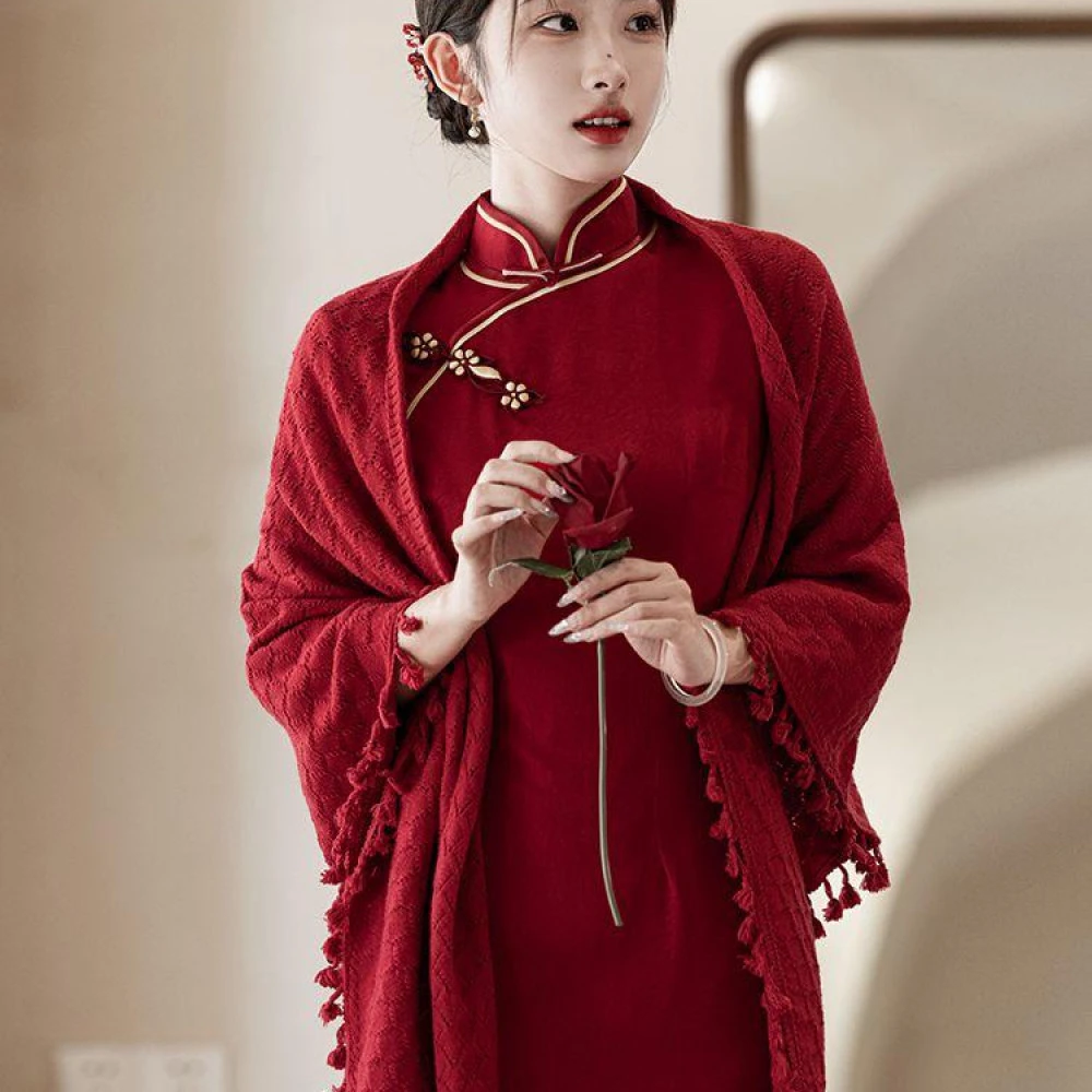 旗袍披肩婚礼订婚外搭保暖流苏配旗袍外套保暖民国复古春秋季新款