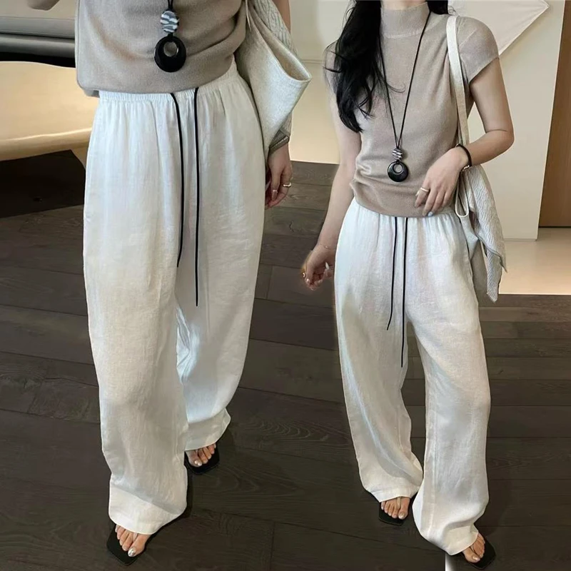 亚麻宽松白色直筒裤夏季复古休闲阔腿裤女长裤老钱风抽绳凉凉裤女
