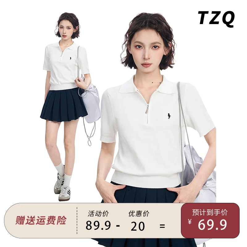 白色polo衫半拉链正肩短袖t恤女夏季修身短款polo领半袖针织上衣