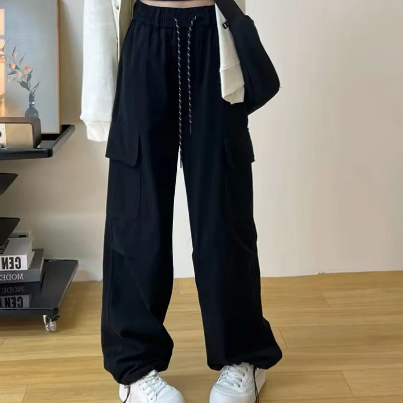 一裤两穿抽绳工装裤松紧高腰女宽松显瘦运动休闲裤直筒裤 24002