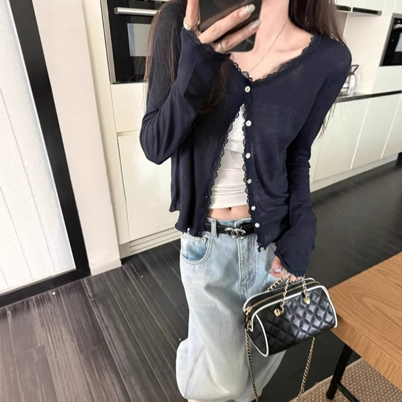 藏蓝色薄款针织上衣女夏设计感蕾丝拼接薄款开衫防晒长袖tee外套