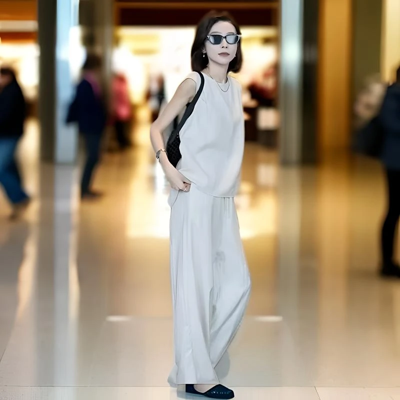 2025夏季新款减龄时尚休闲老钱风亚麻马甲背心阔腿裤两件套装女
