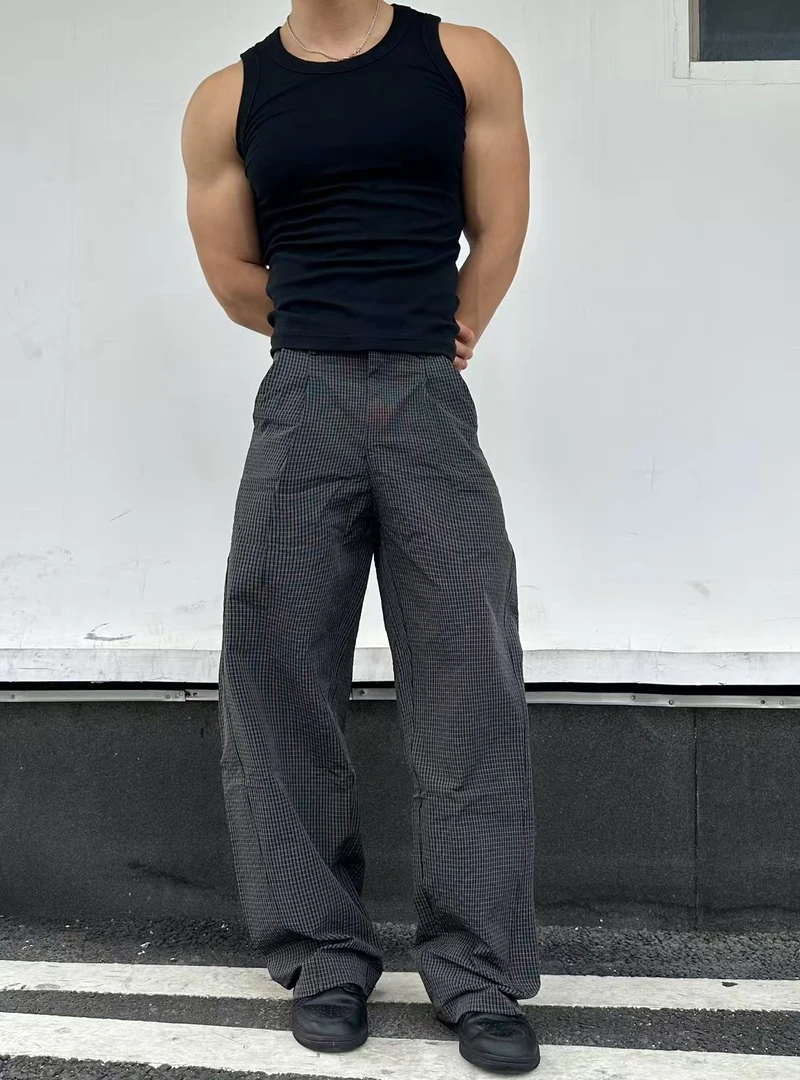 OneLastTime老钱风泡泡褶格纹长裤弯刀宽松通勤男女夏季休闲裤