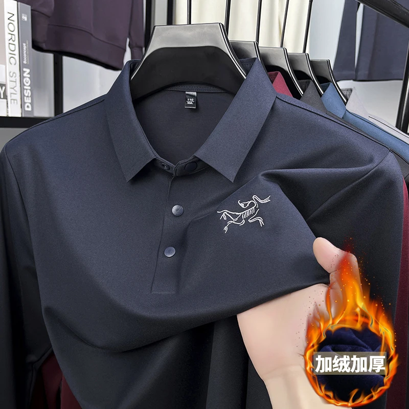 【鸟家刺绣】秋冬加绒加厚保暖长袖T恤 男士通勤商务休闲Polo衫上衣