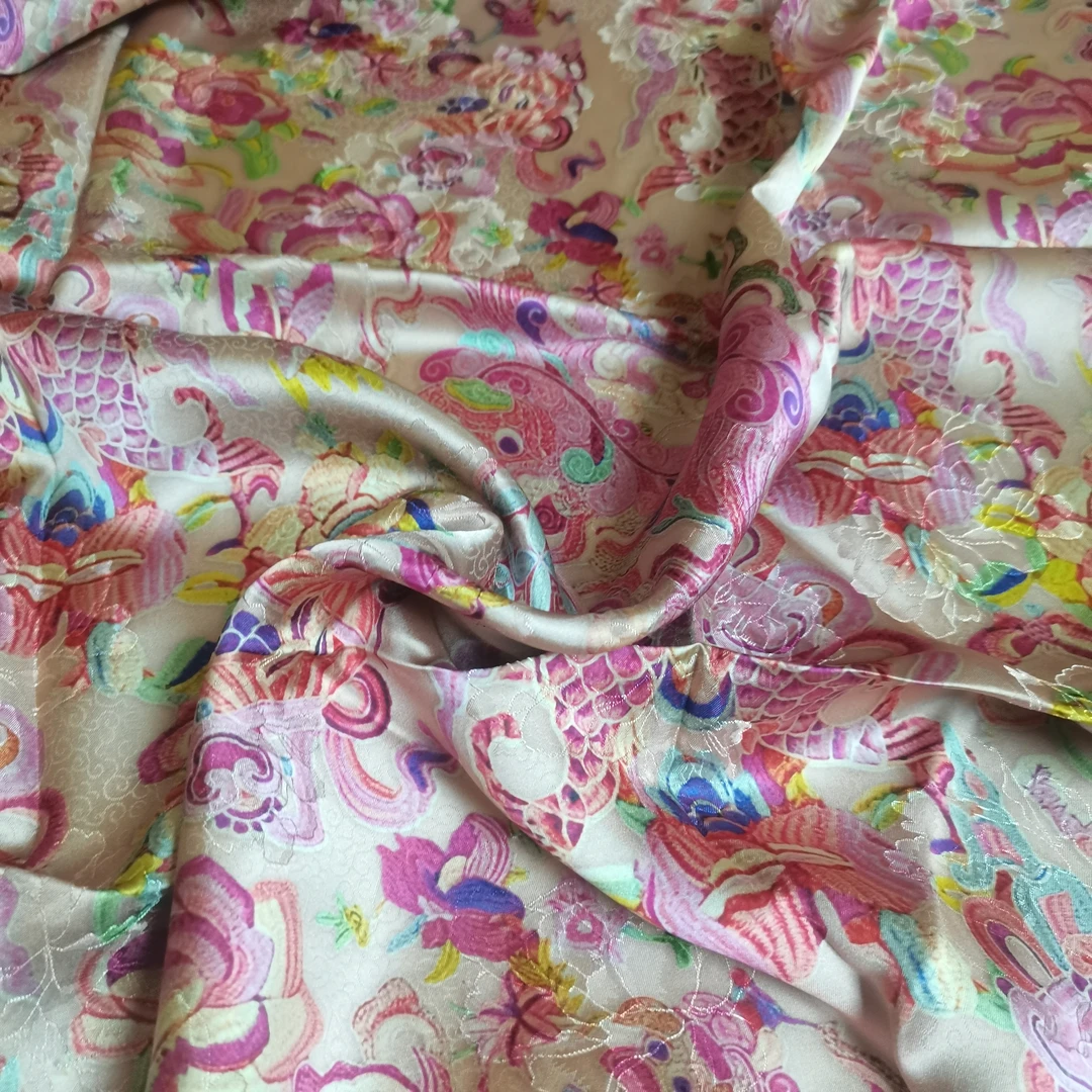 香云纱凤鱼双面提花真丝布料幅宽1.4米