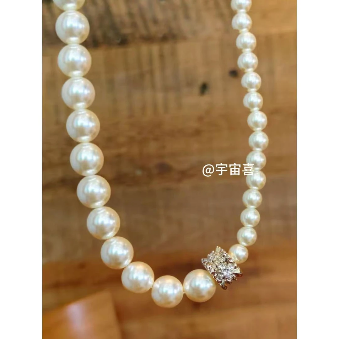 铜合金仿珍珠项链  I1-826【浅金色方块米子花ab贝珠链条项链】