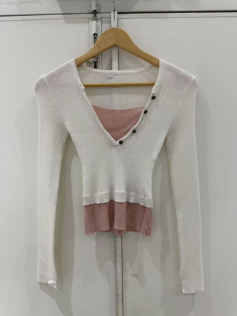 THESUMEY假两件针织打底衫女2026秋冬新款撞色v领修身长袖上衣