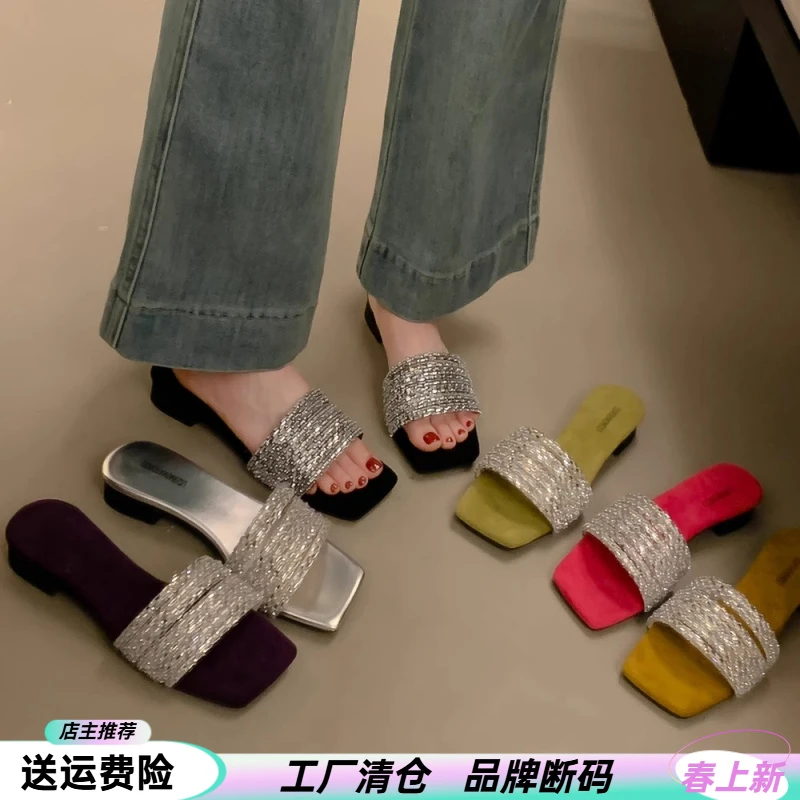 （品牌断码）仙女风绝美方头水钻一字拖鞋女夏季外穿2025新款露趾粗