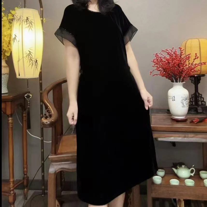 【峰姐优品】圆领串珠侧盘扣丝绒连衣裙9003【NY】