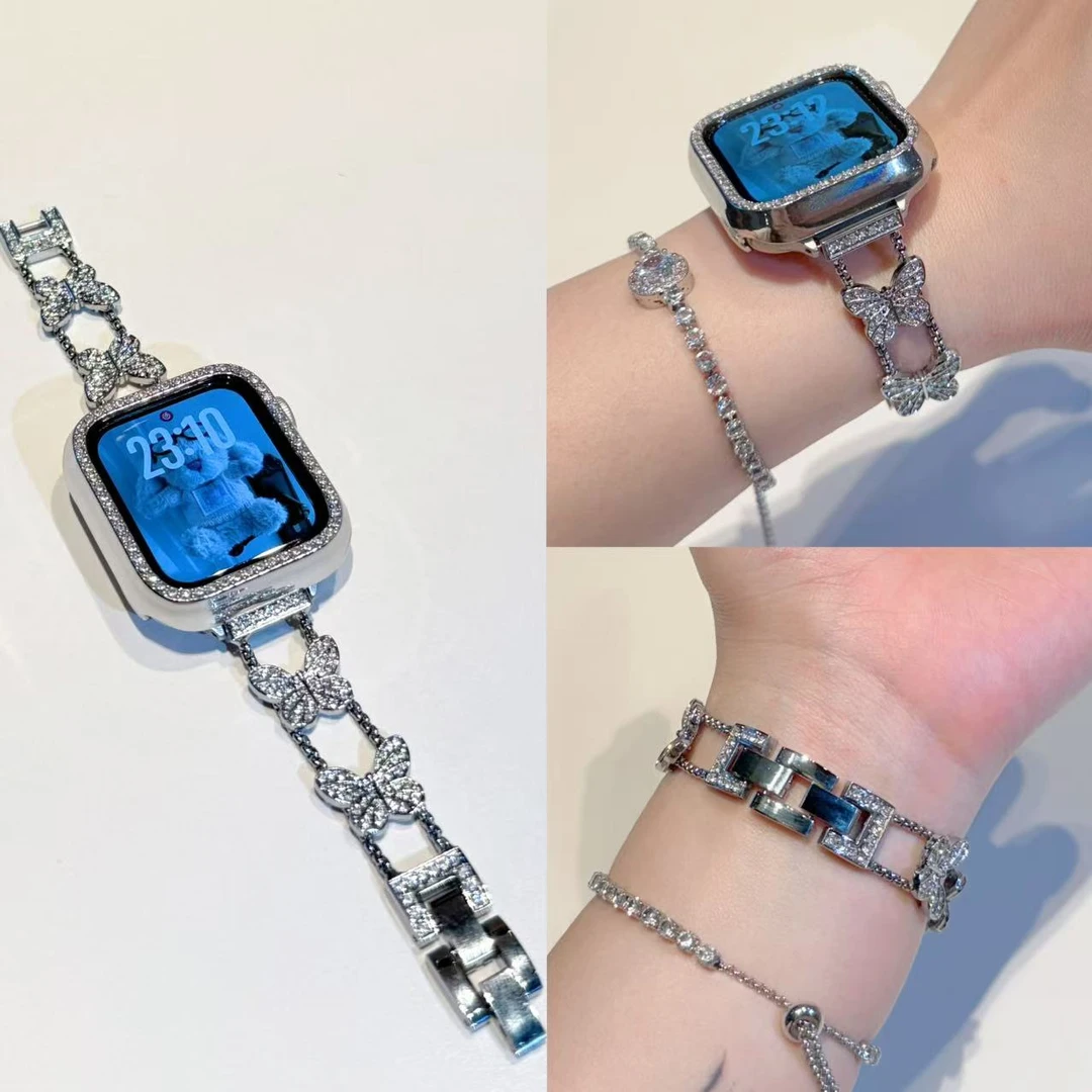 【庄周梦蝶】适配于苹果iwatch1-10seUltra2纹满钻高级感手表带