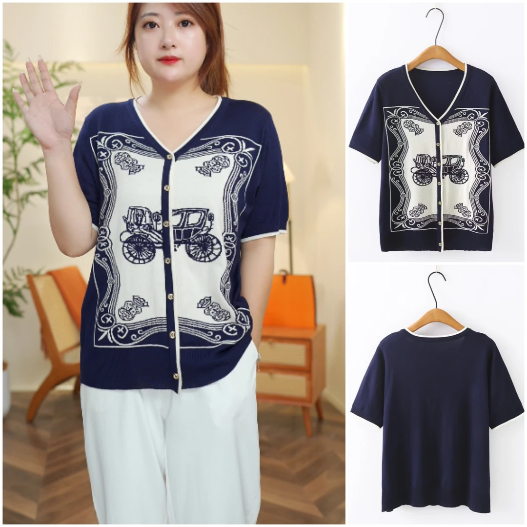 YANUJIAO/雅奴嬌200斤大码冰丝短袖夏季休闲气质针织衫女薄款V领