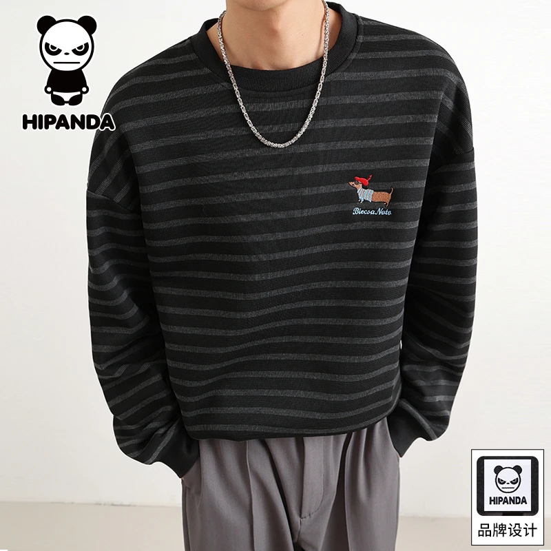 Hi Panda你好熊猫秋冬刺绣小狗加绒圆领卫衣男士宽松百搭休闲上衣