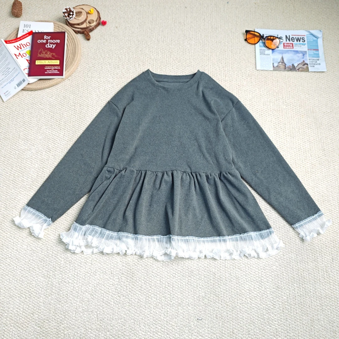 2025春季新款休闲时尚蕾丝纯色加厚长袖T恤卫衣8910