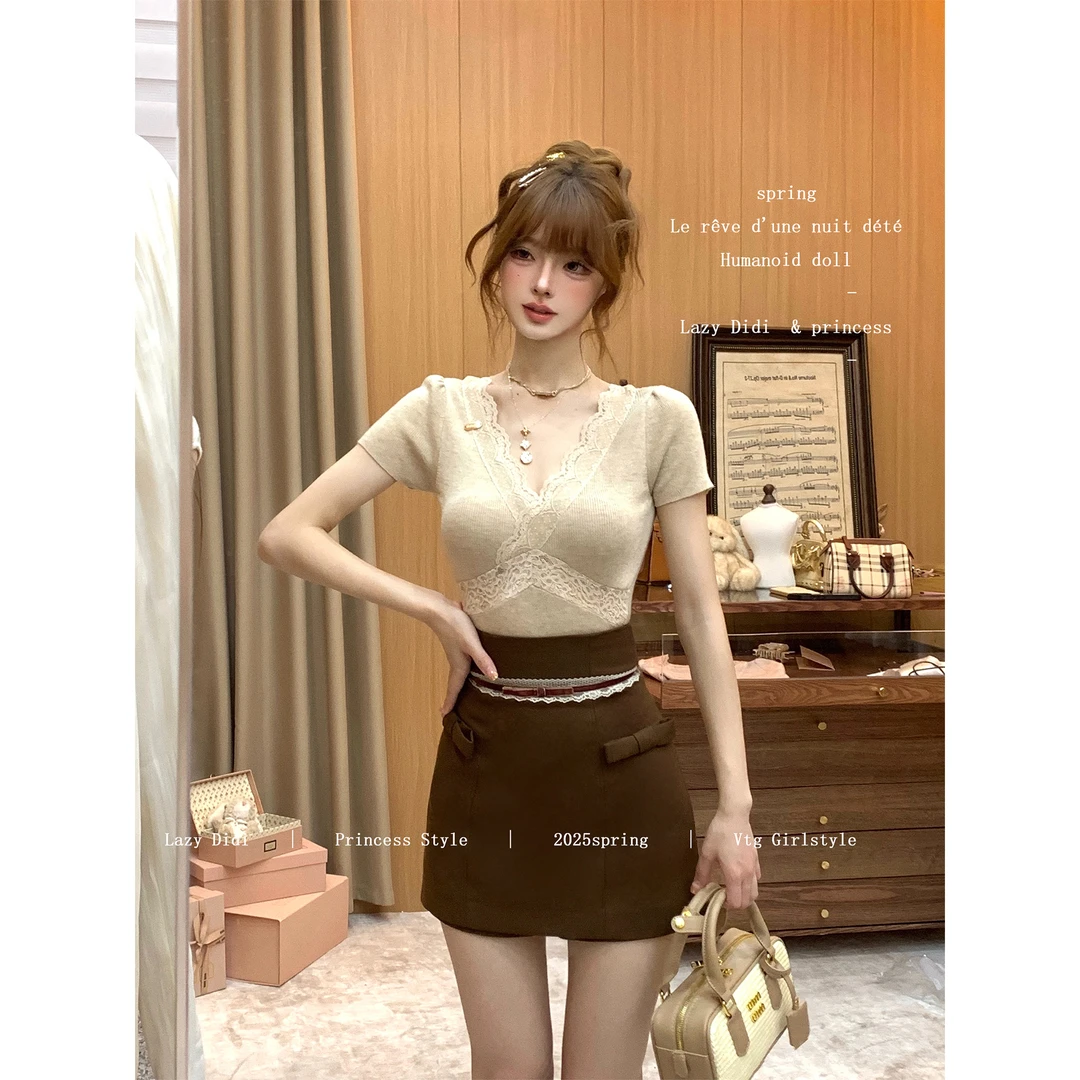 Lazy Didi限定心动 娇贵调调 私服针织上衣修身纯色百搭短袖T恤