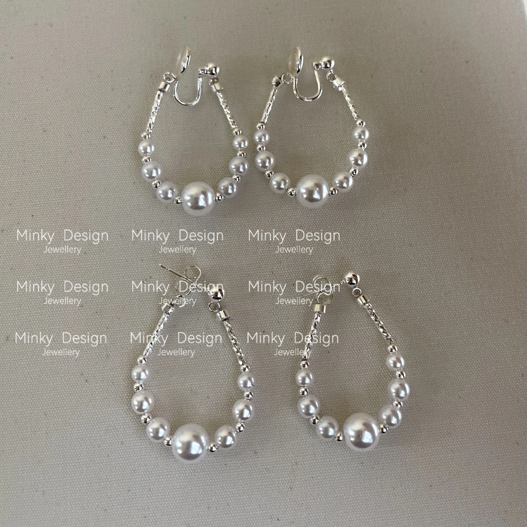 铜合金耳饰 「银月串珠」韩系珍珠耳饰蚊香盘耳夹女无耳洞耳钉耳环