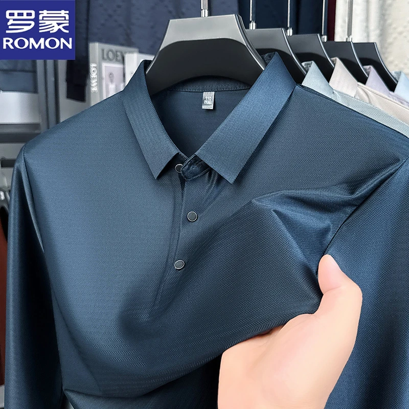 罗蒙春秋季男士翻领长袖无痕商务T恤高端免烫POLO衫上衣新款男装