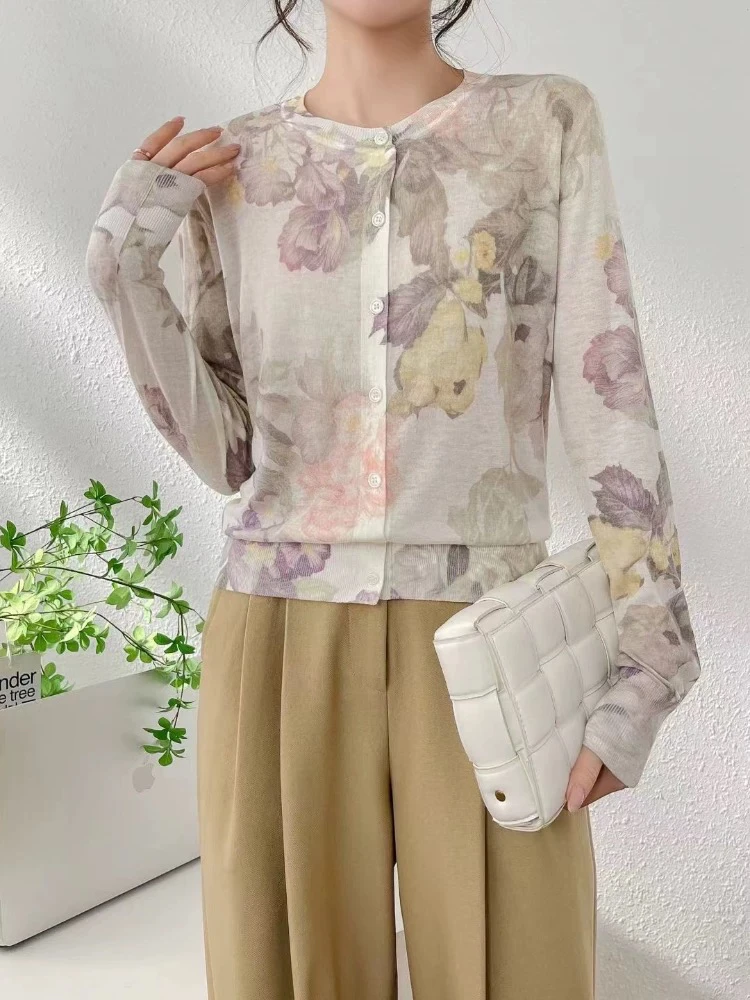 H软糯舒适裸感亲肤美丽诺细羊毛渲染印花长袖针织衫6933