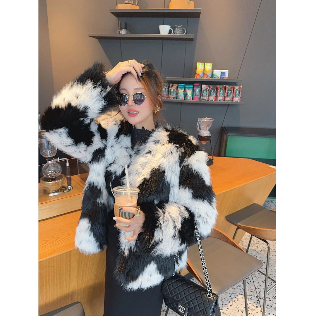 智英欧尼【黑白外套棋盘格大衣加绒保暖毛茸茸高级感秋冬】