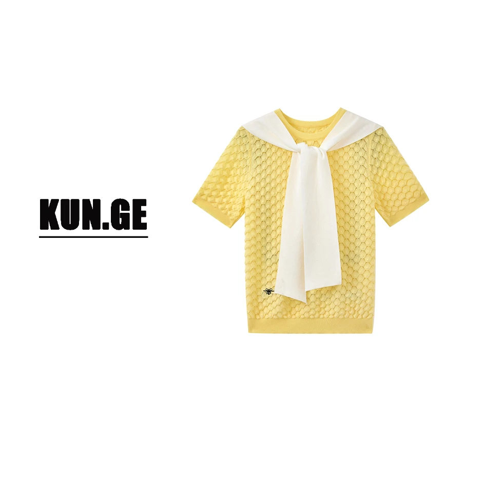 KUNGE-洋气时尚百搭镂空薄款发财黄针织女装短袖-2613