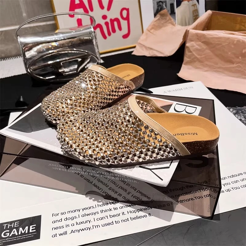 2025年夏季水钻满钻渔网包头大头包头半拖鞋凉鞋托勃肯鞋平底女鞋