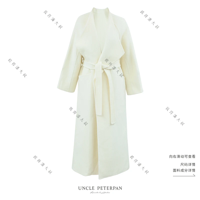 彼得潘大叔大翻领气质腰间系带收腰长款毛呢大衣外套