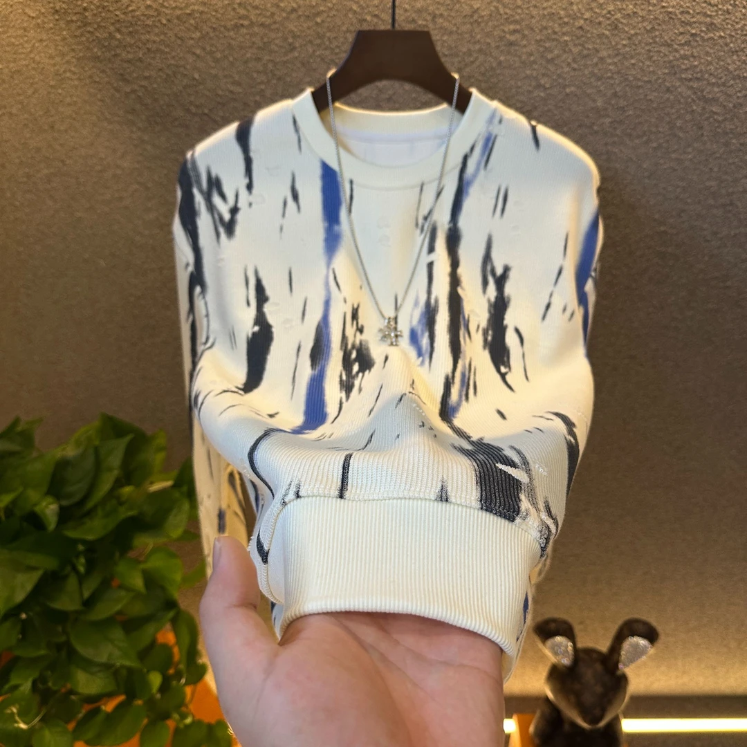 秋冬新款加绒卫衣长袖破洞浮雕墨岚染时尚男上衣爆款轻奢圆领百搭