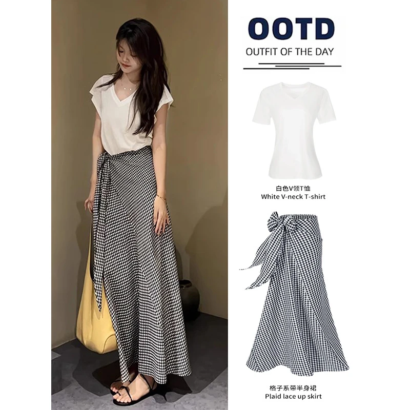 法式高腰格纹系带长款半身裙女夏季绝美A字裙小个子穿搭