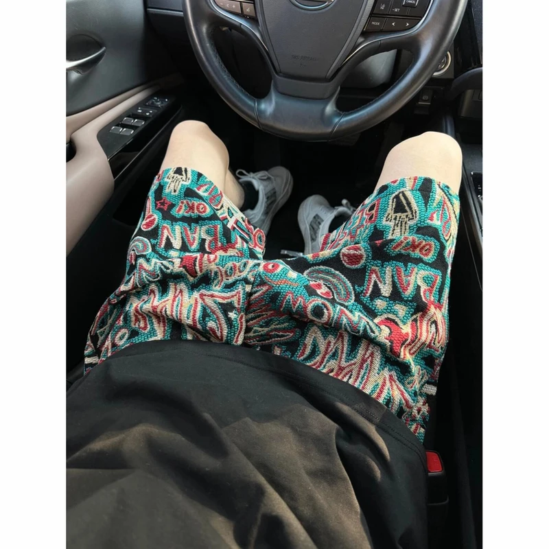 民族风针织提花字母满印短裤男款夏季小众设计感休闲裤痞帅五分裤