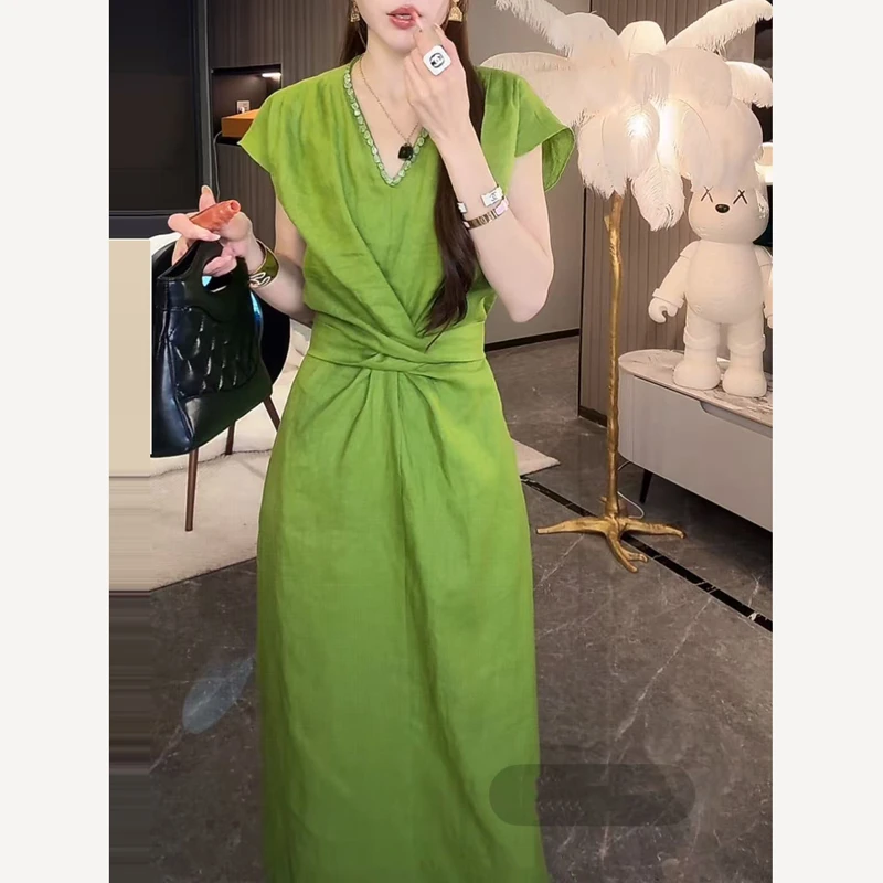 （现货）天丝亚麻连衣裙2025夏季新款设计感小众气质收腰显瘦连衣裙