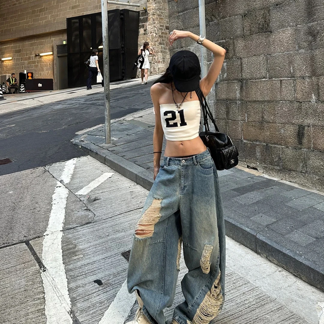 (81-100编号)美式高街辣妹夏季做旧水洗破洞宽松慵懒拖地牛仔裤女