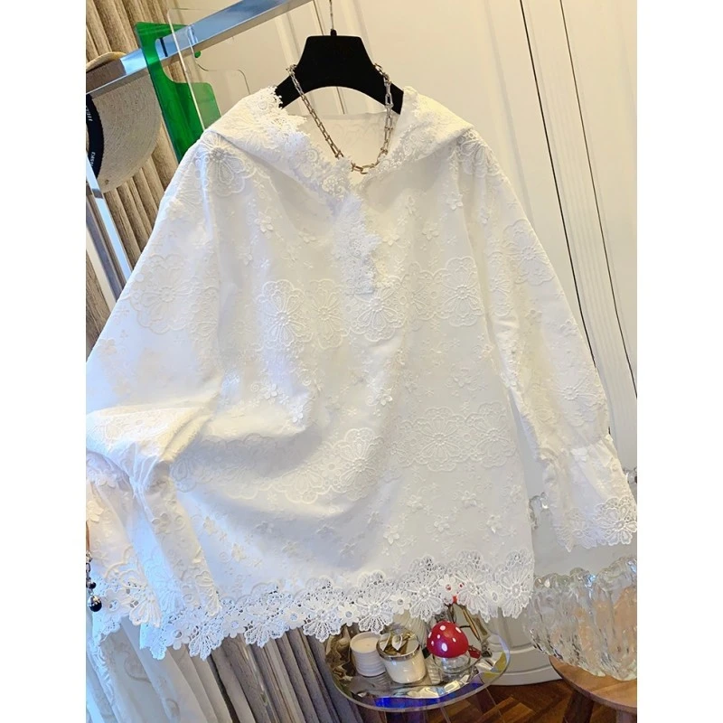 独特漂亮法式时尚气质白色蕾丝棉布连帽衬衫单穿上衣女2025春新款