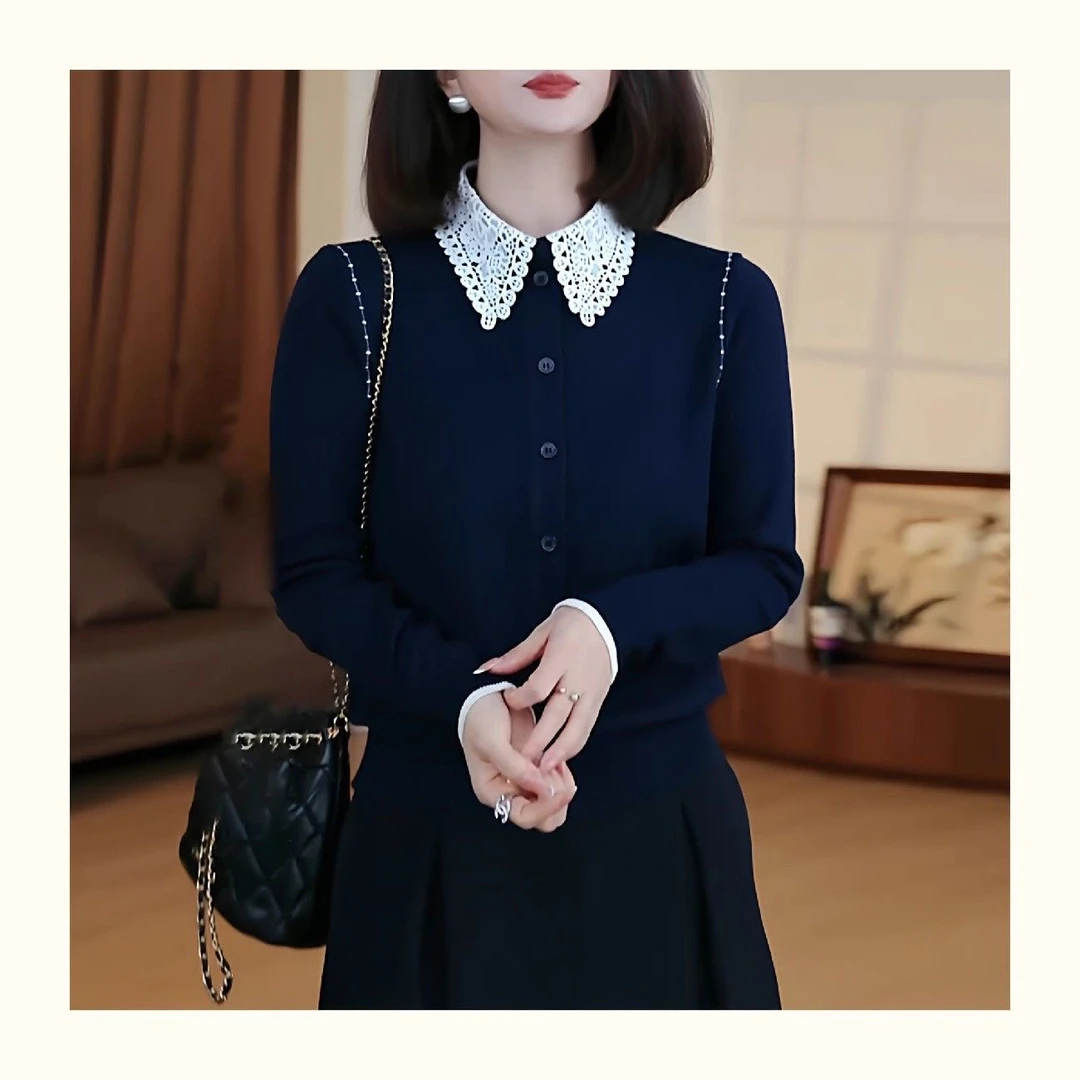 新款撞色蕾丝翻领针织开衫女秋冬时尚百搭加厚女装