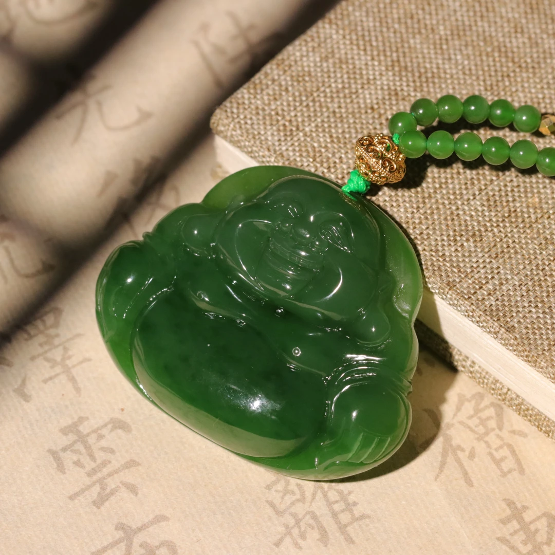 【泓贝珠宝-G218】18k金配饰和田玉碧玉大肚弥勒佛吊坠